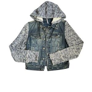 Free People Womens Hooded Knit Sleeves Distressed Denim "Twofer" Jacket Large